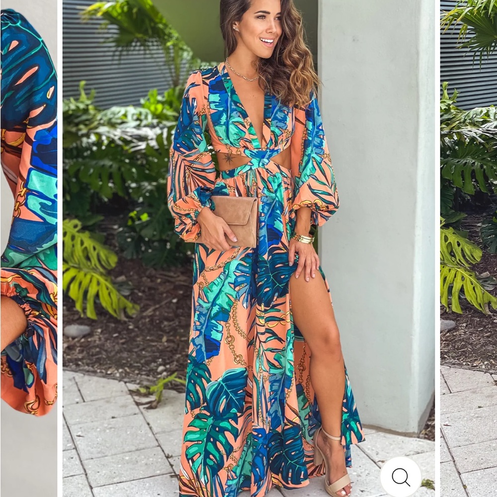 Peach Printed Maxi Dress With Cut Out size large